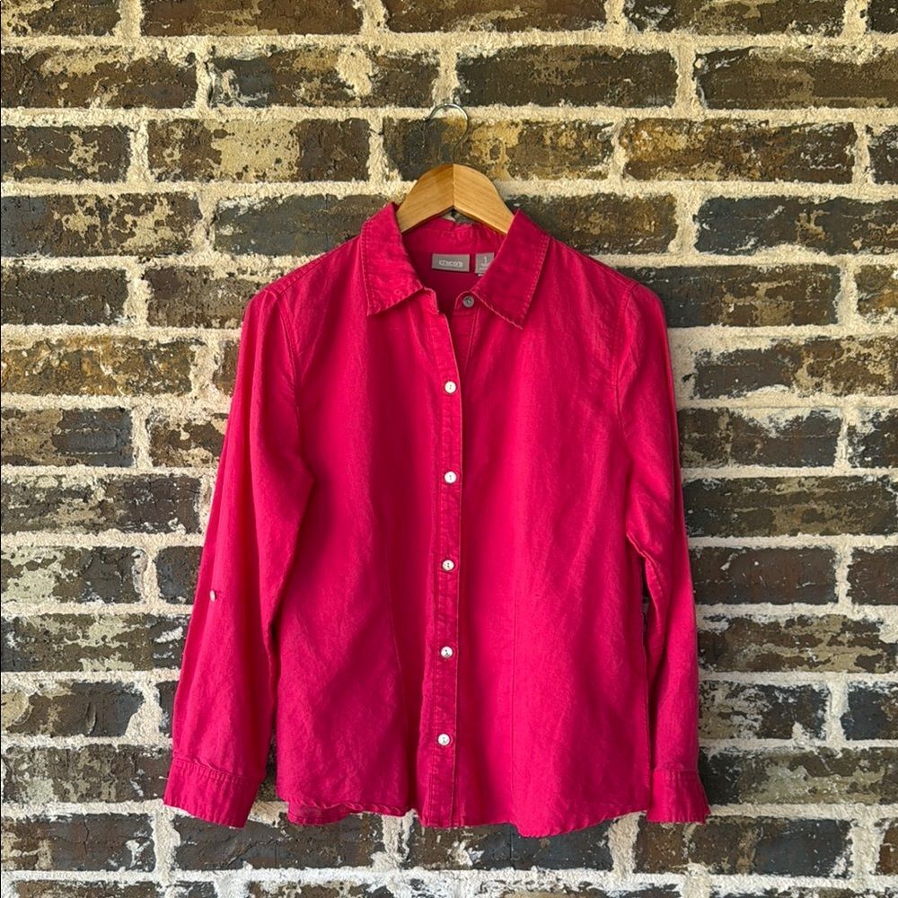 Chico's Hot Pink Linen Blend Long Sleeve Button Down Shirt Size Medium